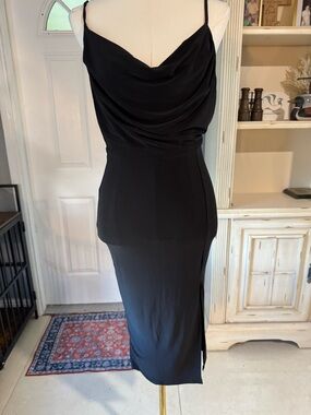 Black Cowl Neck Midi Dress with Side Slit - Women